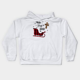 Wake Pray Sleigh. Plaid Christmas design Kids Hoodie